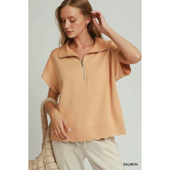 Umgee Tops - Umgee Half Zip Pullover with Scalloped Edge Hem - Medium